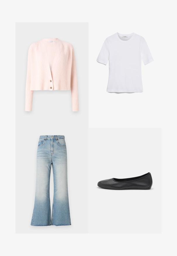 Light pink ribbed cardigan with long sleeves, V-neckline, and two brown buttons at the front. Soft texture and cropped hem design.; White short-sleeve t-shirt made of ribbed fabric. Round neckline, regular fit, and subtle stitching details. No patterns or graphics.; Light blue flared jeans with a high waist, faded texture, front pockets, and belt loops. Distressed details near the hem.; Black leather ballet flat with a rounded toe, smooth texture, minimal stitching detail, and a flexible sole design.