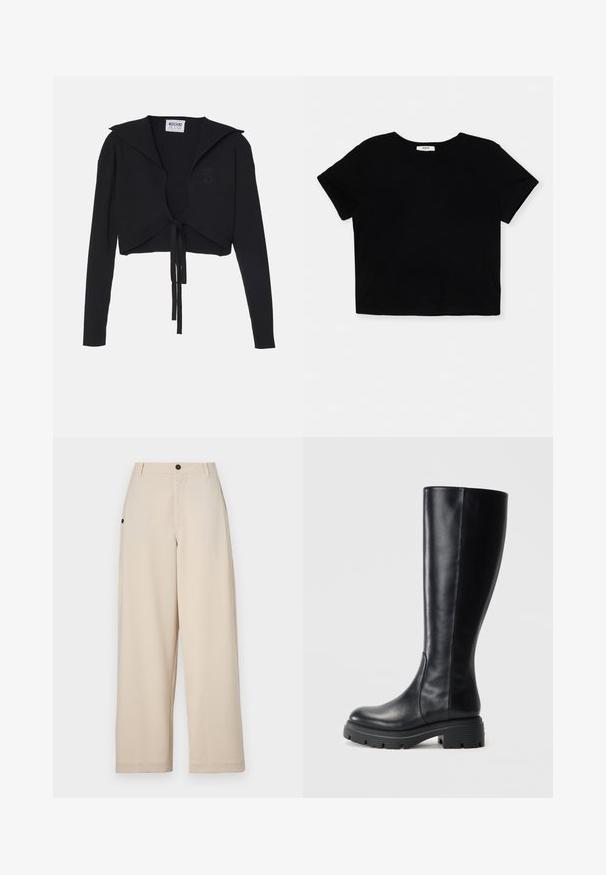 Svart ribbad kort tröja med långa ärmar, bred krage och knytdetalj fram. Har en subtil hjärtlogotyp på bröstet.; Svart kort t-shirt i mjuk bomull, har korta ärmar, rund halsringning och en ren fåll utan dekorationer.; Beiga vida byxor i mjukt tyg, med knappstängning fram, sidofickor och en avslappnad passform.; Svarta knälånga stövlar i slätt läder, med rundad tå och en kraftig gummisula med mönster för bra grepp.