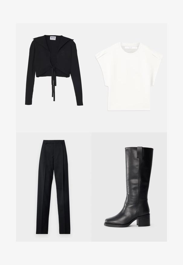 Black ribbed cropped sweater with long sleeves, wide collar, and front tie detail. Features a subtle heart logo on the chest.; White boxy t-shirt with short sleeves. Made from smooth fabric, featuring a round neckline and subtle shoulder accents. Simple design.; Black trousers made from smooth fabric featuring a high waist, wide legs, front pleats, and classic belt loops. No side pockets visible.; Black leather knee-high boots with a smooth texture, square toe, block heel, and side pull tab, featuring minimal stitching details.