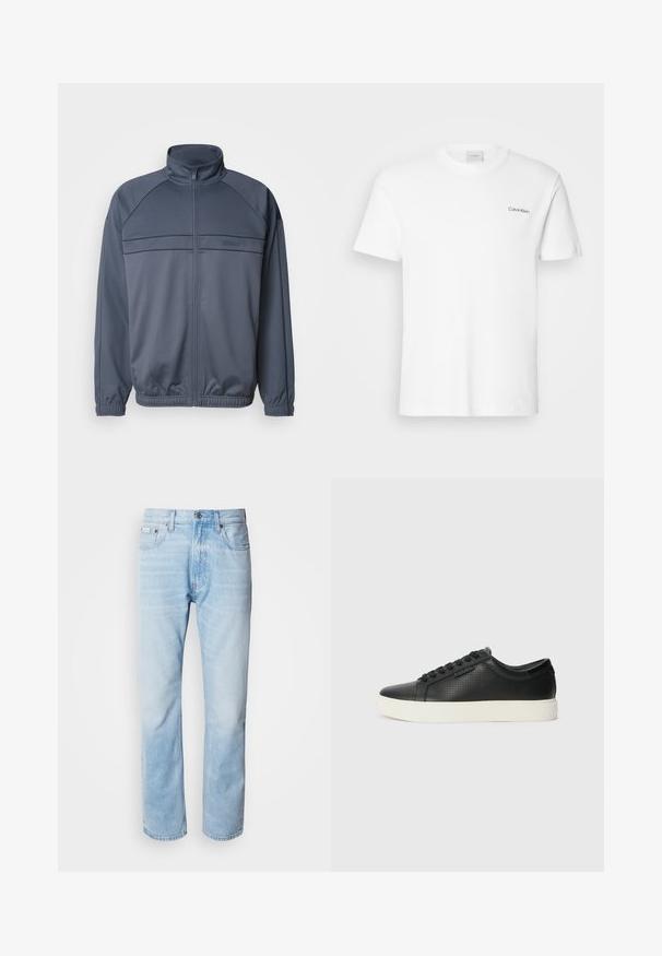 Giacca a track con zip in tessuto grigio scuro, caratterizzata da un colletto alto, polsini a costine e dettagli sul petto con righe orizzontali.; T-shirt bianca in cotone con maniche corte e scollo rotondo. Presenta un piccolo logo nero "Calvin Klein" sul lato sinistro del petto.; Jeans in denim blu chiaro con taglio dritto, caratterizzati da sezioni sbiadite, design a cinque tasche e iconico bottone di chiusura.; Sneaker nere in pelle con texture perforata, punta tonda e suola piatta in gomma bianca. Presentano lacci neri e un logo discreto sul lato.