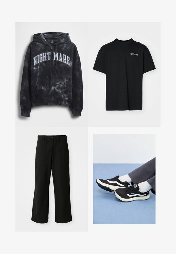 Melns džemperis ar rāvējslēdzēju, izskalots batikas stilā, ar uzrakstu "NIGHT MARE" baltā krāsā uz krūtīm, ar kapuci un priekšējo kabatu. Texturēts audums.; Melns īsajām piedurknēm kokvilnas T-krekls ar apaļu kakla izgriezumu un krāsainu "Converse" logo izšuvumu kreisajā krūšu daļā.; Melni plati bikses no mīksta auduma, ar priekšējiem kabatām un pogu aizdari j ostā. Minimālistisks dizains bez redzamām rakstzīmēm.; Melnas sporta kurpes ar baltām akcentiem, izgatavotas no sieta un gumijas materiāliem, ar teksturētu zoli un papēžsaiti. Valkātas kopā ar baltām zeķēm un pelēkiem biksēm.