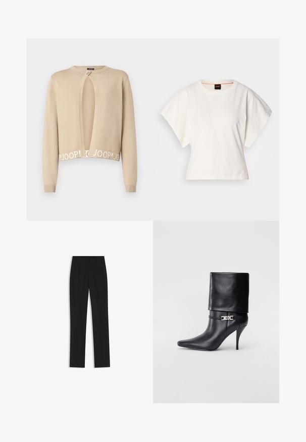 JOOP! KONA - Neuletakki - pastel brown; Valkoinen lyhythihainen t-paita, leveät lyhyet hihat, pehmeää puuvillamateriaalia, pyöreä pääntie jossa hienovarainen oranssi reunus, minimaalinen muotoilu, ei kuvioita tai graafisia elementtejä.; Mustat räätälöidyt housut suoran lahkeen designilla, joissa on etutaskut ja sileä, teksturoitu kangas. Siistit, minimalistiset yksityiskohdat.; Musta nahkasaapas nilkkapituudella, teräväkärkinen, korkea stiletto-korko, käännettävä varsi ja kultainen koristeellinen solki nilkassa.