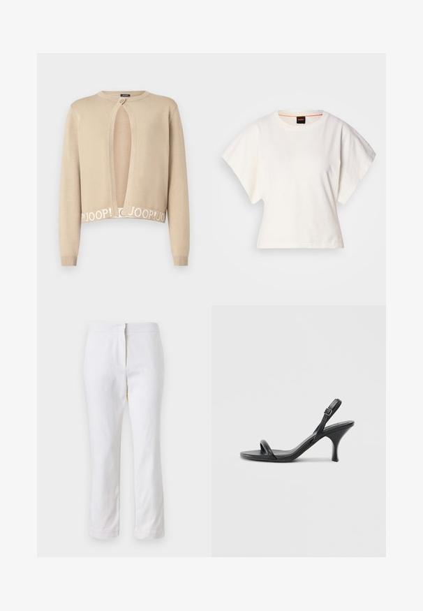 JOOP! KONA - Casaco de malha - pastel brown; T-shirt branco cropped, mangas curtas e largas, material de algodão suave, decote redondo com um discreto acabamento laranja, design minimalista, sem padrões ou gráficos.; Calças de algodão brancas com um design de perna reta, apresentando uma cintura de altura média e sem hardware ou padrões visíveis. Textura suave por toda a peça.; Sandálias de salto alto em couro preto com um salto curvado e fino e um design de tiras cruzadas. Correia ajustável no tornozelo. Textura suave.