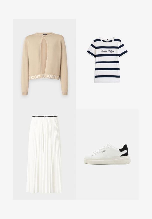 JOOP! KONA - Kardiganas - pastel brown; Baltos medvilninės marškinėliai su horizontaliomis tamsiai mėlynomis juostelėmis. Ant krūtinės išsiuvinėtas „Tommy Hilfiger“ rašmuo. Apvalus iškirpimas.; Pleated balta sijonas su juodu elastiniu juosmeniu, ant kurio yra "LACOSTE" logotipas. Vidutinio ilgio dizainas su švelnia tekstūra.; Baltos odinės sportbačiai su storu baltu padu, juodu nubuko kulno akcentu ir iškilmingu logotipu šone. Su raišteliais, turinčiais šešis akinius.