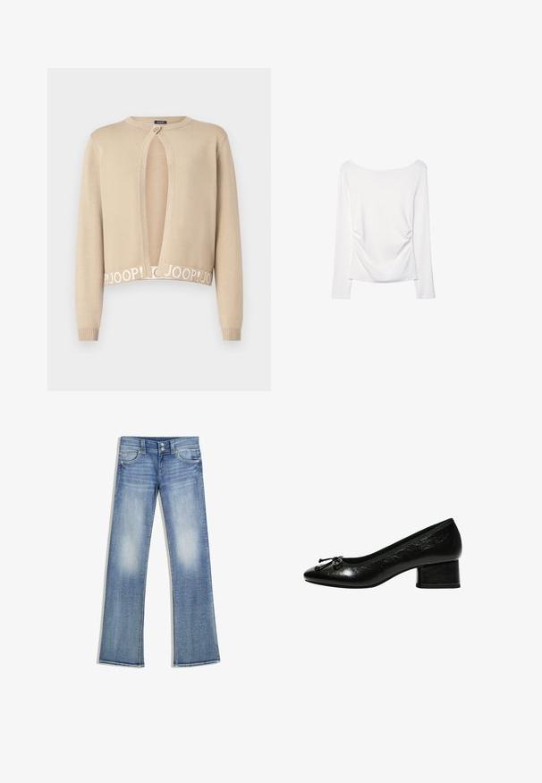 JOOP! KONA - Kardigan - pastel brown; Bílé tričko s dlouhými rukávy a širokým výstřihem, s nařasením na zadní straně. Hladká textura, přiléhavý střih.; Světle modré džíny z denimu se stříháním rovného legu, pěti kapsami, uzávěrem na dva knoflíky a vybledlým vzorem na přední i zadní straně.; Černé lakované lodičky s kulatou špičkou, malým blokovým podpatkem a mašlí na přední části. Hladký povrch s lesklým finišem.