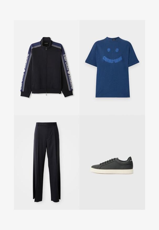 Giacca da track zip-up blu navy con doppie strisce beige chiaro sulle spalle e sulle maniche, testo "Emporio Armani" lungo entrambe le maniche.; T-shirt in cotone blu navy con scollo rotondo. Presenta un design con testo grafico ricamato blu e una faccina sorridente sul davanti. Maniche corte.; Pantaloni neri a vita alta con gamba larga, realizzati in tessuto liscio. Presentano pieghe frontali e passanti per cintura. Design minimalista, senza hardware visibile.; Sneaker in pelle nera con profilo basso, punta tondeggiante e chiusura stringata; presenta una suola in gomma testurizzata e dettaglio del logo sul tallone.