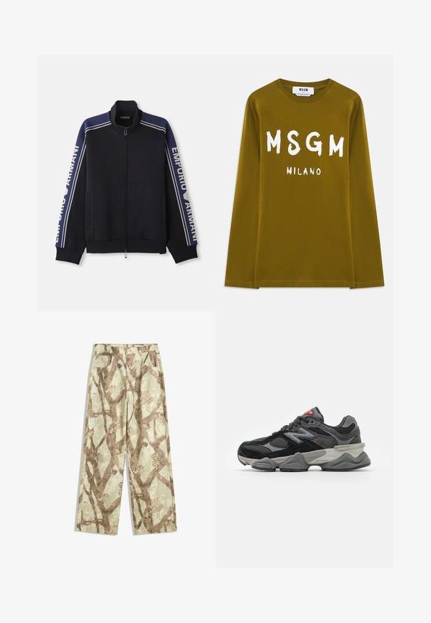 Granatowa kurtka dresowa na zamek z jasnobeżowymi podwójnymi paskami na ramionach i rękawach, z napisem "Emporio Armani" na obu rękawach.; Oliwkowy t-shirt z długim rękawem wykonany z bawełny, z dużymi białymi napisami "MSGM" i "MILANO" nadrukowanymi z przodu.; Spodnie wykonane z lekkiego materiału w jasnym zielonym odcieniu, zdobione brązowym wzorem gałęzi drzewa, w szerokim kroju oraz z dwiema przednimi kieszeniami.; Czarno-szare sneakersy z połączeniem materiałów zamszowych i siateczkowych, gruba podeszwa, wyraźne logo oraz czerwony akcent na języku.