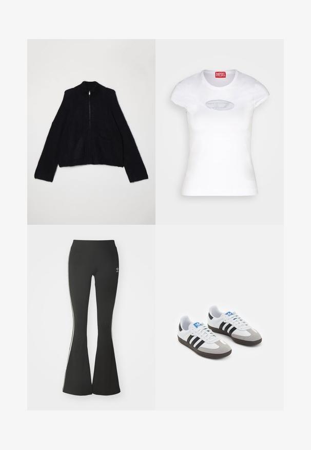 Holzweiler TINE FLUFFY CARDIGAN - Kardiganas - black; Baltas figūruotas marškinėlis pagamintas iš medvilnės, turintis apvalų kaklą ir trumpas rankoves, priekyje su šviesiai mėlynu išsiuvinėtu logotipu.; Juodos flaringo tipoLegginsai pagaminti iš elastingos medžiagos, turintys aukštą juosmenį ir baltas šonines juostas. Pridedama maža logotipas ties juosmeniu.; Sportiniai batai su balta odine viršutine dalimi, pilku zomšiniu priekiu ir trimis juodomis juostelėmis. Ant liežuvio yra mėlynas logotipas, o padas pagamintas iš tekstūruoto gumos.