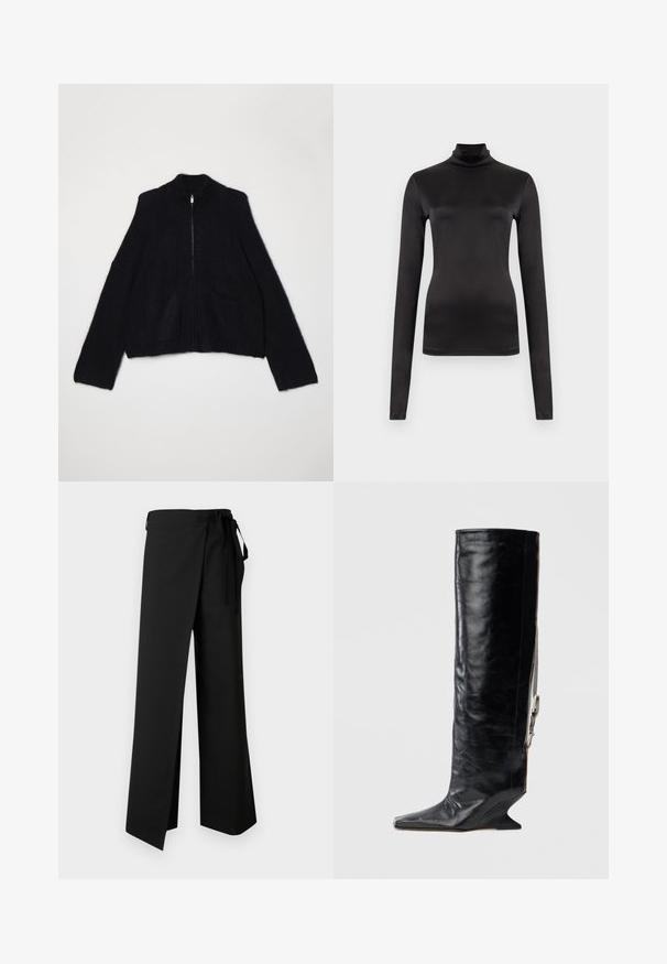 Holzweiler TINE FLUFFY CARDIGAN - Kofta - black; Långärmad svart polotröja gjord av mjukt, stretchigt material. Tätsittande design med hög hals och inga synliga mönster eller dekorationer.; Svarta vida byxor med knyt i midjan, med en slät textur och en slits framtill, designade för komfort och rörelsefrihet.; Knähög svart läderstövel med spetsig tå, unik kilklack och sidokedjedetalj. Slät textur med glansig finish.