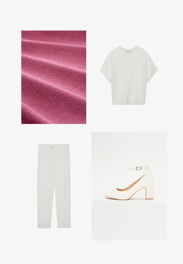 Rožinė medžiaga su tekstūruota paviršiumi, rodanti minkštus, ribotus klosčius ir lygų išvaizdą, tinkama baldininkystei ar drabužiams.; Balta trumpa rankovėmis marškinėliai su plačiu apykakle ir tekstūruotu gumbelių raštu, pagaminti iš minkštos medžiagos, pasižymintys laisvu siluetu ir tvarkingu dizainu.; Baltos, pritaikytos kelnės su tiesaus kirpimo dizainu, su sagčių uždarymu, dirželių kilpomis ir šoninėmis kišenėmis; lygus audinio tekstūros.; Baltas aukštas kulnas su smailiu pirštu, blokiniu kulnu ir kulkšnies dirželiu. Lygus paviršius su subtiliu blizgesiu ir smėlio spalvos vidine pamušalu.