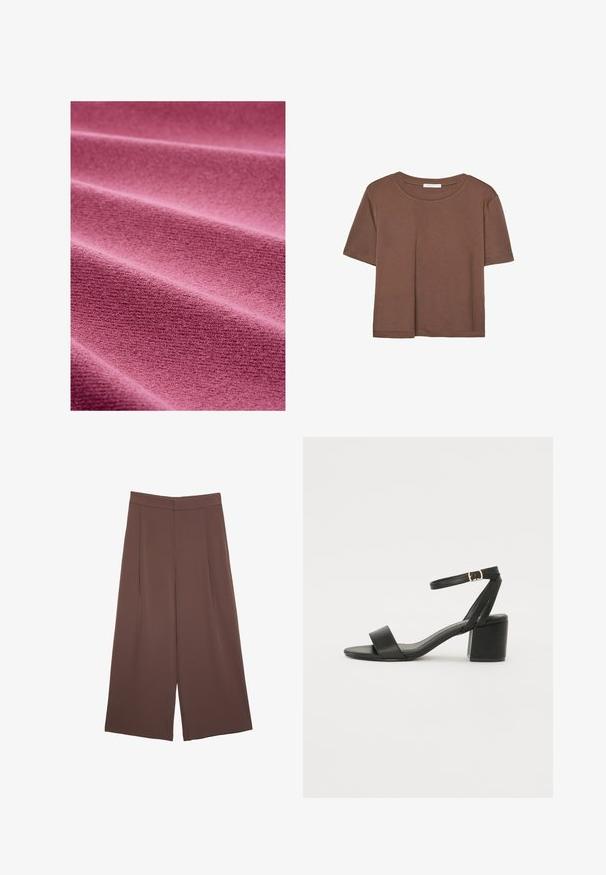 Růžová tkanina s texturovaným povrchem, vykazující jemné, vroubkované záhyby a hladký vzhled, vhodná pro čalounění nebo oděvy.; Hnědé tričko s krátkým rukávem vyrobené z měkké látky, s kulatým výstřihem a volným střihem. Bez viditelných vzorů nebo dekorací.; Hnědé široké kalhoty s hladkou texturou, vysokým pasem a předními záhyby. Materiál je lehký a volně splývá.; Černé sandály na vysokém podpatku s hladkým koženým svrškem, otevřenou špičkou, širokými předními pásky a nastavitelným páskem kolem kotníku se zlatou přezkou.