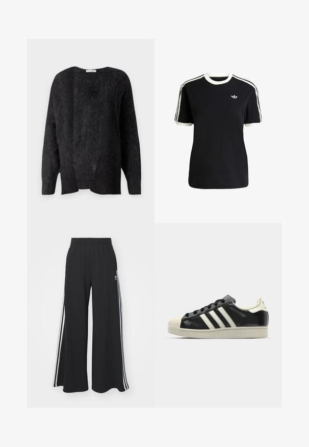 Czarny, puszysty kardigan z otwartym przodem, luźnym krojem i długimi rękawami. Posiada miękką fakturę i minimalne detale szwów.; Czarna bawełniana koszulka z białymi akcentami na kołnierzyku i rękawach, z trzema białymi paskami na każdym ramieniu oraz małym logo na piersi.; Czarne szerokie spodnie dresowe z elastycznym pasem, z białymi paskami po bokach i haftowanym logo na lewej udzie.; Czarne skórzane trampki z białymi paskami, gumowym czubkiem, czarnymi sznurówkami i kremową podeszwą. Gładka faktura z połyskującym wykończeniem.