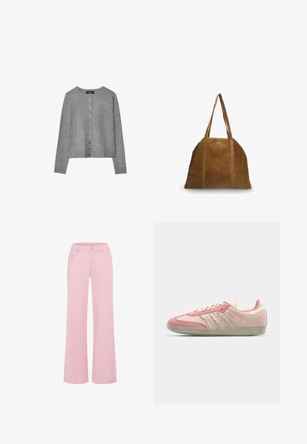 Grauer langärmeliger Knopf-Cardigan mit rundem Ausschnitt, gerippten Bündchen und Saum, flach auf elfenbeinfarbenem Hintergrund ausgestellt.; Zwei ärmellose Tanktops: eines in Weiß mit gerippter Textur und eines in Hellgrau mit subtilen Melange-Muster. Beide haben runde Ausschnitte.; Rosafarbene weite Hosen aus weichem Baumwollmischgewebe. Mit zwei Vordertaschen, einem Knopfverschluss und einem mittelhohen Bund.; adidas Originals SAMBA OG - Sneaker low - quartz/off white/mauve; Braune Wildleder-Tote mit zwei langen Griffen, runder Form, glatter Textur und vertikalen Nähten. Keine sichtbaren Beschläge oder Logos.