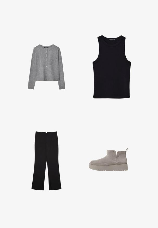 Sivi dugodlaki kardigan s dugmadi, okruglim izrezom, rebrastim manžetama i rubom, prikazan ravno na bijeloj pozadini.; Crni top bez rukava od pamuka, s okruglim izrezom i širokim izrezima za ruke. Glatka tekstura s ušivenim rubovima. Klasičan, minimalistički dizajn.; Crne hlače ravnog kroja, s prednjim džepovima i bočnim prorezima na rubu. Izrađene od mekog i glatkog materijala. Pogodne za razne prigode.; Sive zimske čizme od antilopa niskog profila, s elastičnim bočnim panelima i teksturiranom gumenenom potplatom. Imaju traku za lakše oblačenje.