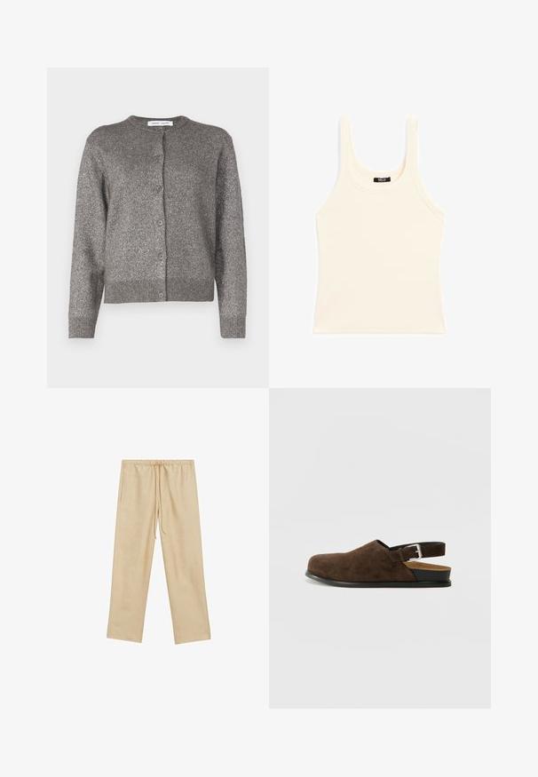 Grauer metallischer Cardigan mit Rundhalsausschnitt, Knopfverschluss, langen Ärmeln, geripptem Saum und strukturierter Stoffoberfläche.; Hellbeige Trägershirt aus Rippenstoff mit rundem Ausschnitt und breiten Trägern, in schmaler Passform und mit minimaler Ausstattung.; Helle beige, locker sitzende Hose mit einem elastischen Bund und Kordelzug. Verfügt über zwei Seitentaschen und eine glatte Textur.; Braune Wildleder-Ballenrutscher mit niedrigem Absatz, verstellbarem Riemen mit silberner Schnalle und schwarzer Gummisohle.