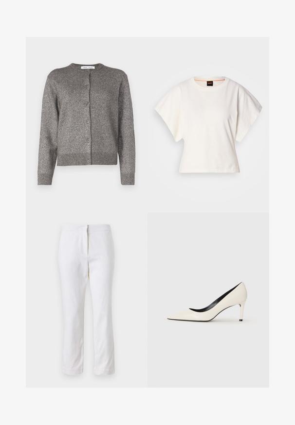 Cárdigan metálico gris con cuello redondo, cierre de botones, mangas largas, dobladillo acanalado y un acabado de tejido texturizado.; Camiseta blanca recortada, con mangas cortas y anchas, material de algodón suave, cuello redondo con un sutil ribete naranja, diseño minimalista, sin patrones ni gráficos.; Pantalones de algodón blancos con un diseño de pierna recta, que cuentan con una cintura de media altura y sin herrajes o patrones visibles. Textura suave en todo su recorrido.; Bailarina de charol blanco con tacón alto, punta afilada, tacón delgado y detalles interiores en negro. Textura suave y diseño elegante.