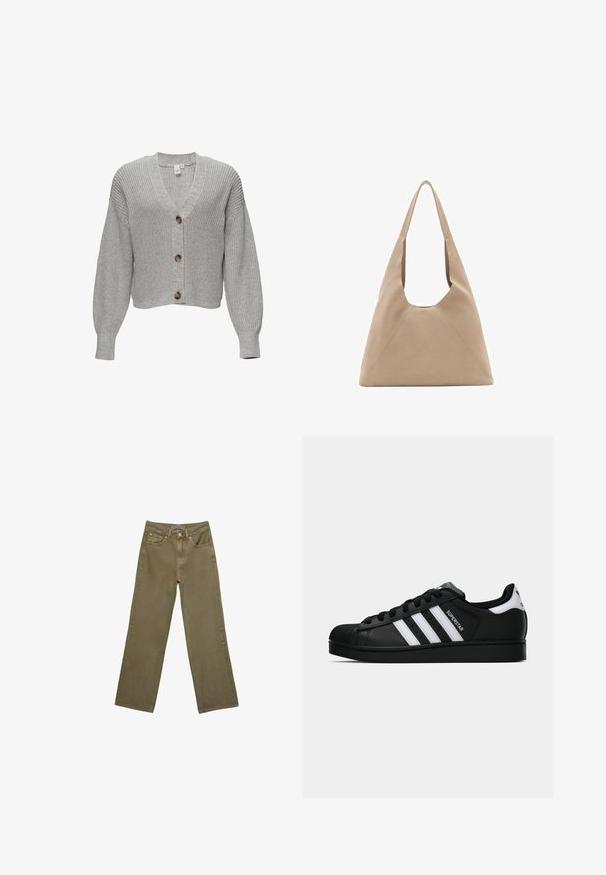 Sivi pleteni kardigan s V-izrezom, dugim rukavima i pet velikih smeđih gumba sprijeda. Strukturalna tkanina s opuštenim krojem.; Bijela majica kratkih rukava s okruglim izrezom, izrađena od mekanog pamuka, s jednostavnim, čistim dizajnom bez vidljivih uzoraka ili akcenta.; Maslinasto zelene hlače širokog kroja od pamuka s čvrstom teksturom. Imaju zatvarač, pet džepova i kontrastnu šavnu obrubljenu u području struka.; Crne Adidas Superstar tenisice s bijelim prugama, konusom na vrhu i natpisom "Superstar" sa strane, prikazane u bočnom profilu na bijeloj pozadini.; Bež torba od tkanine s jedinstvenim trokutastim oblikom, širokim naramenicama i vidljivim detaljima šavova za dodatnu strukturu.