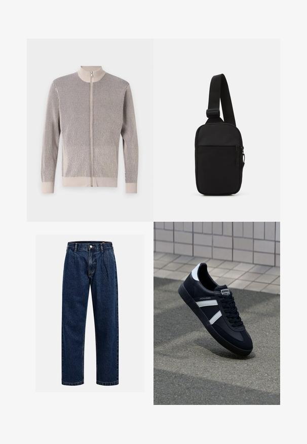 Svetr na zip z texturované pleteniny, s vysokým límcem, dlouhými rukávy a pruhovaným vzorem v béžové a námořnické modři.; Krémové bavlněné tričko s krátkými rukávy a kulatým výstřihem. Obsahuje grafický potisk v modré a červené barvě s textem a motivem.; Tmavě modré džíny s rovnými nohavicemi. Mají viditelné švy, zapínání na knoflík a přední záhyby pro zvýraznění detailu.; Černé kožené tenisky s bílými pruhy, texturovanou gumovou podrážkou a šněrováním vpředu. Obsahují značenou etiketu na jazyku.; Černá crossbody taška vyrobená z odolné tkaniny, s jedním nastavitelným popruhem, zapínacím hlavním oddělením a přední kapsou.