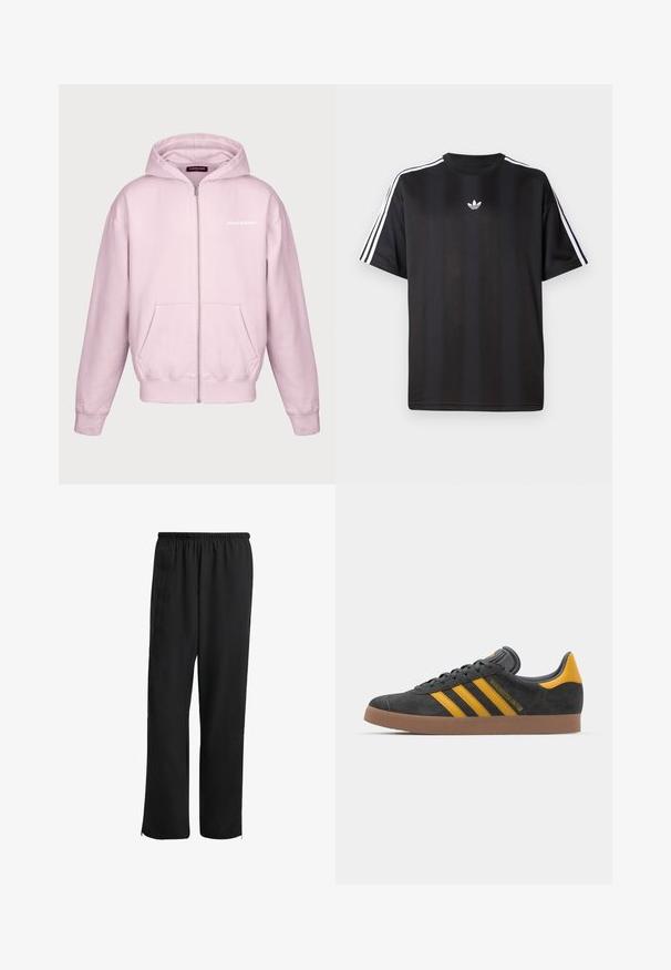 Pegador LOGO - Mikina s kapucí - washed bubblegum; Černé tričko s krátkým rukávem s bílými třemi pruhy na ramenou a malým bílým logem na hrudi. Hladká textilie.; Černé sportovní kalhoty s elastickým pasem, rovnými nohavicemi, bočními kapsami a zipovými manžetami, vyrobené z hladké, lehké látky.; Černé semišové tenisky se žlutými akcenty, vybavené třemi pruhy a hnědou gumovou podrážkou. Obsahují polstrovaný jazyk pro pohodlí.