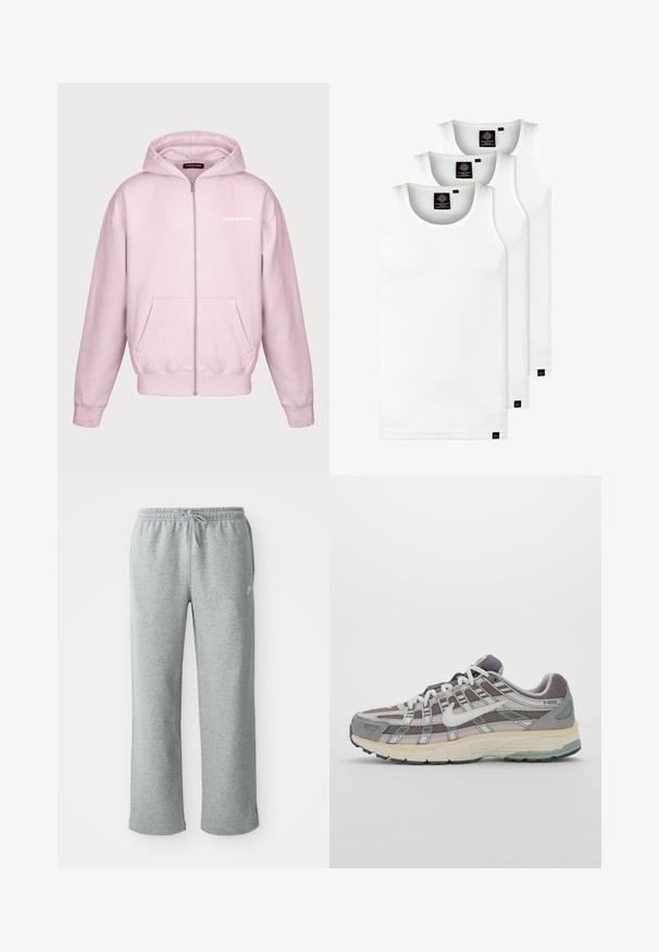 Pegador LOGO OVERSIZED JACKET - Vetoketjullinen college - washed bubblegum; Kolme valkoista ribbitekstiilistä toppia, jotka on valmistettu puuvillasta. Ominaisuuksiin kuuluu pyöreä pääntie ja pieni musta etiketti helman lähellä. Saatavilla useissa kooissa.; Harmaat puuvillaiset verkkarit, joissa on joustava vyötärö, nyörikiinnitys ja suorat lahkeet. Vasemmassa yläkulmassa pieni logo.; Harmaa urheilukenkä, jossa on verkko- ja mokkanahkainen yläosa, valkoiset yksityiskohdat, pehmustettu pohja ja erottuva muotoilu heijastavilla elementeillä.