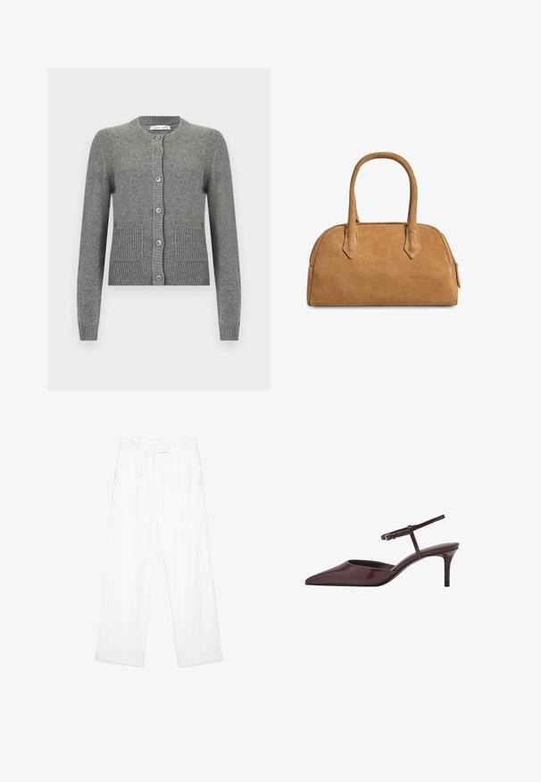 Gray cardigan made from knitted fabric, featuring long sleeves, round neck, button closure, and ribbed accents with two front pockets.; White blouse with a one-shoulder design, featuring a floral accent on one side and a long, tied panel at the waist. Smooth texture.; White linen trousers with a loose fit, featuring a straight leg design, front pockets, and a flat waistband. Smooth texture throughout.; Burgundy patent leather slingback heels with a pointed toe, thin ankle strap, and a moderate stiletto heel. Smooth, glossy finish.; Tan suede handbag with a structured shape, featuring two handled, triangular cutouts, and a zip fastening along the top for closure.