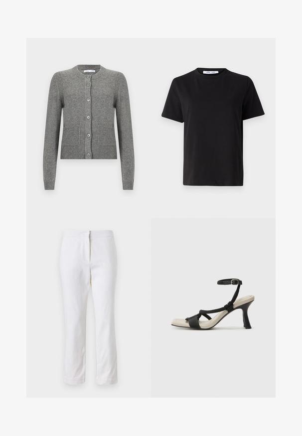 Cárdigan gris hecho de tejido de punto, con mangas largas, cuello redondo, cierre de botones y detalles acanalados, además de dos bolsillos frontales.; Camiseta negra de manga corta hecha de algodón suave, con un cuello redondo, corte relajado y una textura lisa. Sin patrones ni gráficos visibles.; Pantalones de algodón blancos con un diseño de pierna recta, que cuentan con una cintura de media altura y sin herrajes o patrones visibles. Textura suave en todo su recorrido.; Sanda¡ía de tacón negro con diseño de tira trenzada, punta cuadrada y correa ajustable en el tobillo. Plantilla de color beige claro con un tacón negro brillante.