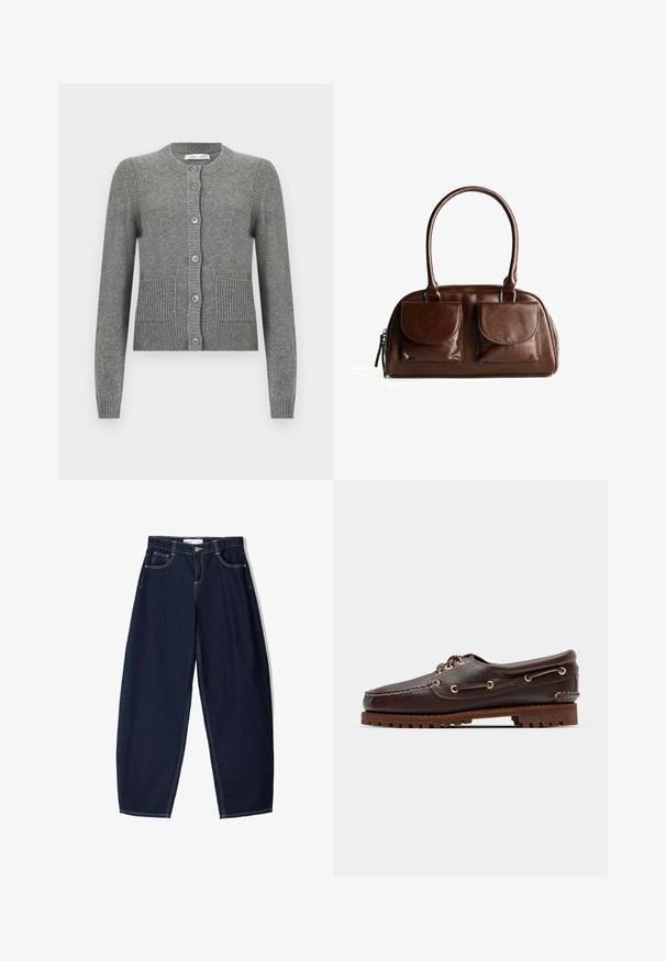 Szary kardigan wykonany z dzianiny, z długimi rękawami, okrągłym dekoltem, zapięciem na guziki i prążkowanymi detalami oraz dwoma przednimi kieszeniami.; Prosta, biała koszulka z krótkim rękawem i okrągłym dekoltem, o dopasowanym kroju, zaprezentowana na płasko na białym tle.; Granatowe dżinsowe spodnie o luźnym kroju, z pięcioma kieszeniami, kontrastowym przeszyciem i zamkiem błyskawicznym z przodu.; Brązowe skórzane buty w stylu boat shoe z złotymi oczkami, okrągłymi sznurowadłami oraz teksturowaną brązową gumową podeszwą. Zawierają przeszycia i wypukłe logo.; Brązowa skórzana torebka na ramię z dwiema przednimi kieszeniami na klapki, zaokrąglonymi uchwytami i zamkiem błyskawicznym po bokach, na białym tle.