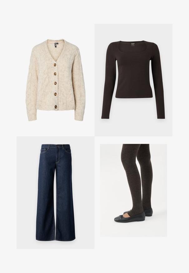 Světlý béžový pletený svetr s výstřihem do V, vzorem kabelového pletení a pěti hnědými knoflíky vpředu. Žebrované manžety a lem.; Černý dlouhý rukáv, přiléhavý top se čtvercovým výstřihem, označený značkou GAP, vystavený na bílém pozadí.; Džínsy s širokými nohavicemi v tmavě modré barvě. Mají kontrastní švy, pět kapes a zapínání na knoflík v pase. Hladká textura.; Černé ploché boty s malou mašlí na špičce, kombinované s tmavě hnědými žebrovanými punčochami. Boty mají hladký povrch a nízký profil.