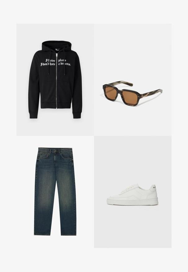 Melna jaku ar rāvējslēdzēju, ar priekšējo kabatu, šņorējamu kapuci un baltu tekstu "Man ir plāni, man nav sapņu."; Icecream JUMBO RUNNING DOG - Apdrukāts T-krekls - black; Tumši zili džinsi ar taisnu griezumu, piecu kabatu dizainu un nelielu nolietojuma tekstūru uz kājām. Piemēroti ikdienas valkāšanai.; Baltas ādas sneakers ar gludu virsmu, apaļu pirkstu daļu, plakaniem šņorēm un teksturētu zoli. Satur diskrētu logotipu uz papēža.; Plastmasas saulesbrilles ar bruņurupuču rakstu, oktagona formas brūnas lēcas un plānas zelta detaļas rāmī.
