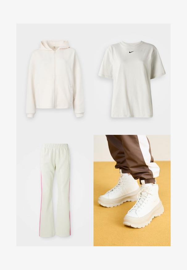 Sudadera con cremallera color crema, hecha de una tela suave, que cuenta con un bolsillo frontal, puños acanalados y un detalle del logo en el pecho.; Camiseta de algodón blanca con cuello redondo y mangas cortas. Presenta un pequeño logotipo negro de Nike en el pecho. Diseño sencillo y sin adornos.; Pantalones de color beige claro con cinturilla elástica, con paneles laterales rosas y bolsillos laterales. Textura suave y diseño de pierna recta.; Zapatillas altas blancas con una suela gruesa y texturizada, presentando un empeine liso, puntera redonda y cordones en tono similar, sobre un fondo amarillo.