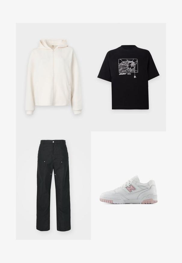Crème zip-up hoodie gemaakt van zachte stof, met een front pocket, ribgebreide manchetten en een logo-detail op de borst.; Zwarte T-shirt van katoen met korte mouwen. Voorzien van een witte spinnenwebgrafiek en logo op de voorkant. Eenvoudige ronde halslijn.; Zwarte broek met een rechte pijpdesign, gemaakt van een textuurstof. Bevat decoratieve zilveren hardware en unieke naaddetails.; Witte sportieve schoen met roze accenten. Beschikt over glad leer, geperforeerde secties en een dikke rubberen zool. Veters zijn van standaardstijl.