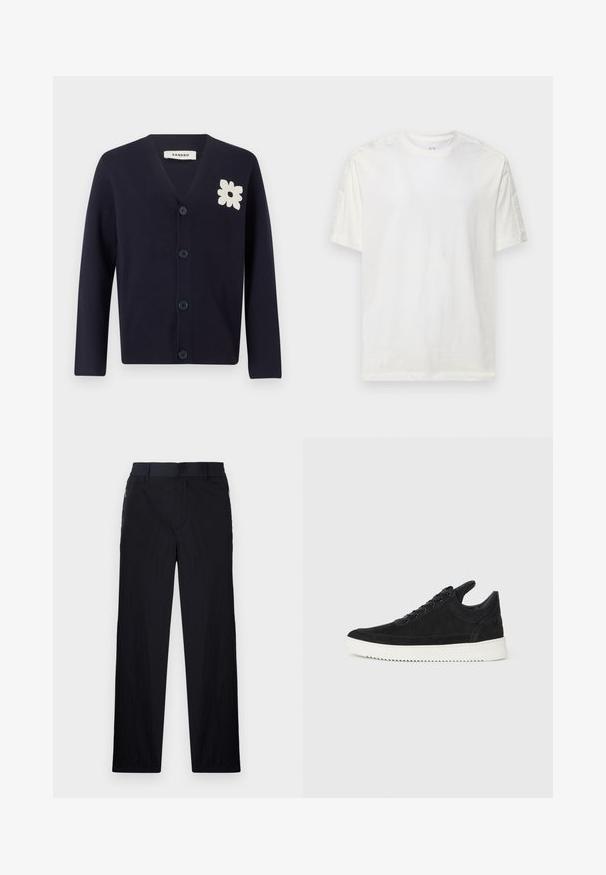 Tamsiai mėlynas mezginys kardiganas su V-formos iškirpte, ilgomis rankovėmis ir penkiais mygtukais. Kairiajame šone yra baltas gėlių aplikacija. Lygus paviršius.; Balta medvilninė marškinėliai su apvaliu kaklu, trumpomis rankovėmis ir tekstūriniais akcentais ant pečių. Yra siuvinėti logotipai ant rankovių.; Juodos kelnės, pagamintos iš lengvos tekstūruotos medžiagos, tiesaus silueto, su elastingu juosmeniu ir šoniniais užtrauktukų kišenėmis.; Juodų suede sportbačių su balta gumine padu, su toniniais siuvinėjimais ir raištelių užsegimu. Sklandus paviršius su šiuolaikine, laiko forma.