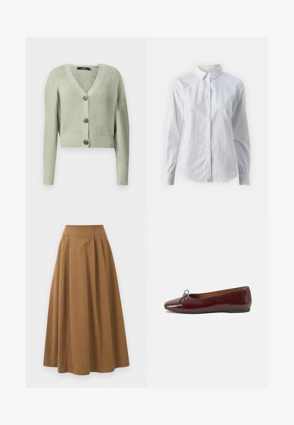 Cardigan en tricot de couleur vert clair, avec un col en V, un design court et trois grands boutons à l'avant. Texture douce avec un motif côtelé.; Chemise blanche à manches longues en coton lisse, dotée d'un col classique et d'un ourlet arrondi. Les boutons sont petits et blancs.; Jupe A-line en coton brun avec taille haute, dotée de plis sur le devant et d'une texture lisse. Les finitions de l'ourlet sont nettes et simples.; Ballerines en cuir verni bordeaux avec un bout rond, un petit nœud décoratif à l'avant et une semelle en caoutchouc noire basse. Texture lisse.