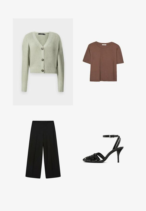 Gebreide cardigan in lichtgroen, met een V-hals, cropped ontwerp en drie grote knopen aan de voorkant. Zachte textuur met een ribbelpatroon.; Korte mouwen T-shirt in bruin, gemaakt van een zachte stof, met een ronde halslijn en een relaxte pasvorm. Geen zichtbare patronen of accenten.; Zwarte wijde pantalons van zachte stof, met een hoge taille en plooien, met een gladde textuur en zonder zichtbare versieringen.; Zwarte leren hoge hakken sandaal met een enkelbandje, met gevlochten banden over de tenen, een gladde afwerking en een spitse teenvorm.