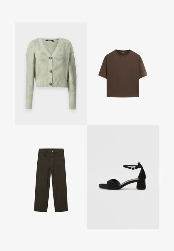 Strikket cardigan i lysegrøn, med V-hals, cropped design og tre store knapper foran. Blød tekstur med ribbet mønster.; Brun bomulds t-shirt, korte ærmer, rund halsudskæring, afslappet pasform, glat tekstur, minimalistisk design, ingen synlige mønstre eller accenter.; Mørkegrønne brede jeans lavet af en bomuldsblanding, med en frontlukning med knap, fem lommer og klassisk denim-syning.; Sorte ruskind hælede sandaler med en tynd ankelsnor, åben tå design og en beskeden blokhæl. Glat tekstur og minimale detaljer.
