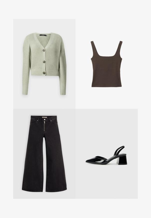 Strikket cardigan i lysegrøn, med V-hals, cropped design og tre store knapper foran. Blød tekstur med ribbet mønster.; Brun ærmeløs top med firkantet udskæring, lavet af blød, strækbar stof. Har et tætsiddende design og flade sømme.; Vide ben jeans i sort denim med lynlås foran, fem lomme-design og subtile stikninger. Glat tekstur og afslappet stil.; Sorte patentlæder slingback hæle med spids tå og en geometrisk blok hæl. Har et elegant, minimalistisk design og en glat tekstur.