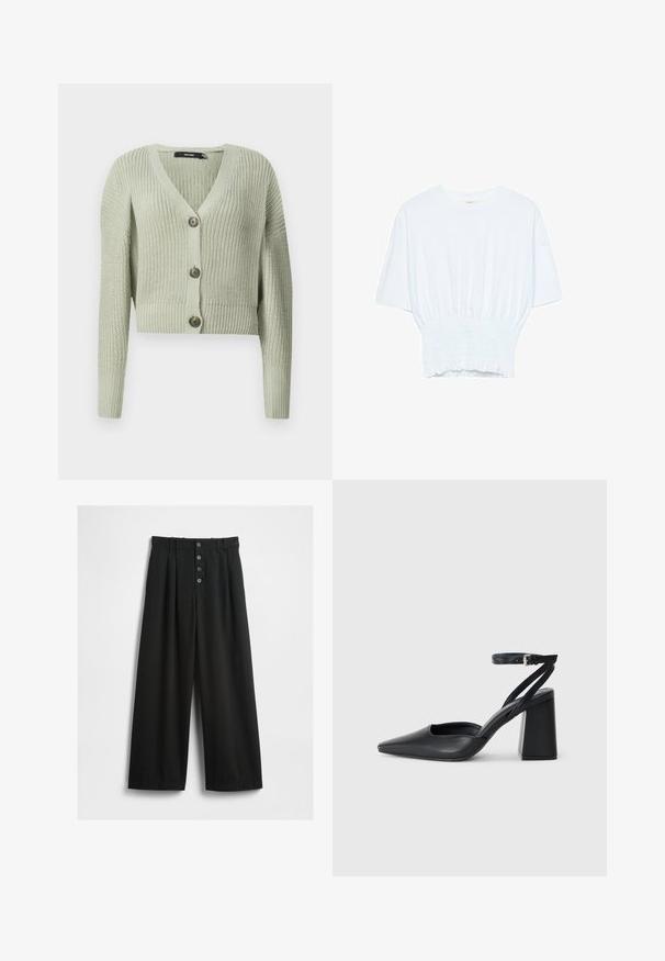 Pleteni kardigan v svetlo zeleni barvi, z V-izrezom, kratkim dizajnom in tremi velikimi gumbi na sprednji strani. Mehak material z rebrastim vzorcem.; Bela majica s kratkimi rokavi sproščenega kroja in z gubanim materialom na pasu. Narejena iz mehkega, lahkega blaga.; Široke črne hlače iz teksturirane tkanine. Imajo visok pas, sprednje zapiranje na pet gumbov in pregibne plošče za dodatne detajle.; Črne usnjene klasične čevlje z ostrim nosom, z zaponko za gleženj in debelim peto. Ravna tekstura, eleganten dizajn in minimalistična estetika.