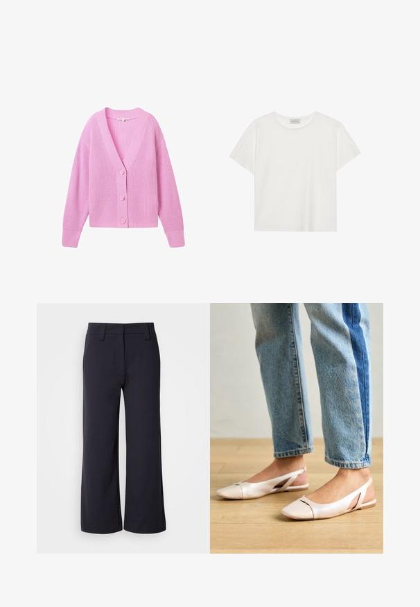TOM TAILOR DENIM V NECK CARDIGAN - Kardigan - soft summer pink; Valge lühikeste varrukatega t-särk, mis on valmistatud pehmest puuvillast. Omab ümmargust kaelust ja mugavat lõiget. Puhtad jooned, ilma nähtavate mustrite või aktsentideta.; Laiad püksid tumedast mereväe kangast. Omavad lamedat esit, vöökohasid ja külgtaskuid. Materjal on sile ja veidi veniv.; Kahvatu roosa slingback lapikute jalatsite paar, millel on terav varvas, valmistatud siledast nahataolisest materjalist. Omab külgedel lõikekohti ja lapikut kontsa.