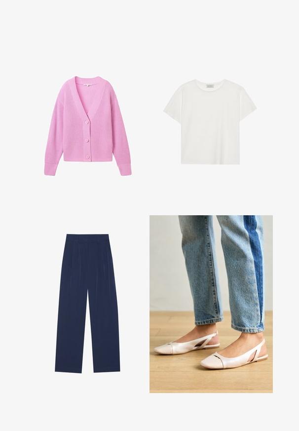 TOM TAILOR DENIM V NECK CARDIGAN - Kardigán - soft summer pink; Fehér, rövid ujjú póló, puha pamutból készült. Kerek nyakkivágással és laza szabással rendelkezik. Tiszta dizájn, látható minták vagy díszítések nélkül.; Sötétkék, bő szárú nadrág puha anyagból, elől redőkkel, sima textúrával, egyenes szabással, látható zsebek nélkül.; Világos rózsaszín slingback laposlábú cipők, hegyes orral, sima bőrhatású anyagból készült. Oldalt kivágott részletek találhatók rajta, valamint lapos sarkú.