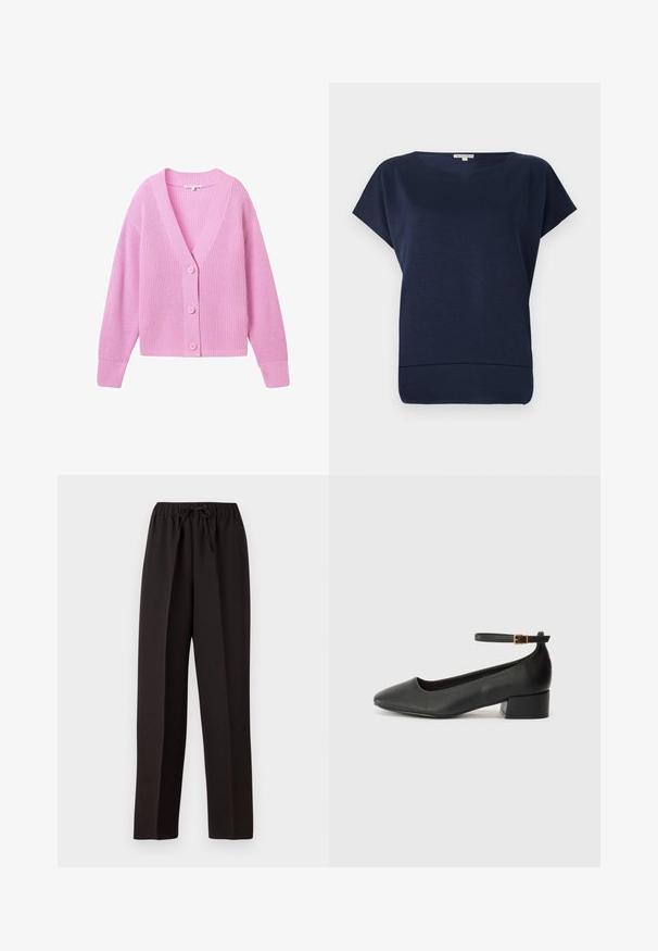 TOM TAILOR DENIM V NECK CARDIGAN - Kardigán - soft summer pink; Námornícky modrý top s krátkym rukávom s voľným strihom, okrúhlym výstrihom a subtílnou textúrou. Mäkkučká látka s lemom, ktorý sa mierne zdvíha nahor.; Čierne široké nohavice s elastickým pásom a nastaviteľnou šnúrkou. Vyrobené z hladkej, ľahkej tkaniny bez viditeľných vzorov.; Čierne kožené lodičky s špicatou špičkou a nízkym blokovým podpätkom. Obsahuje remienok okolo členka so zlatým prackou. Hladký povrch.