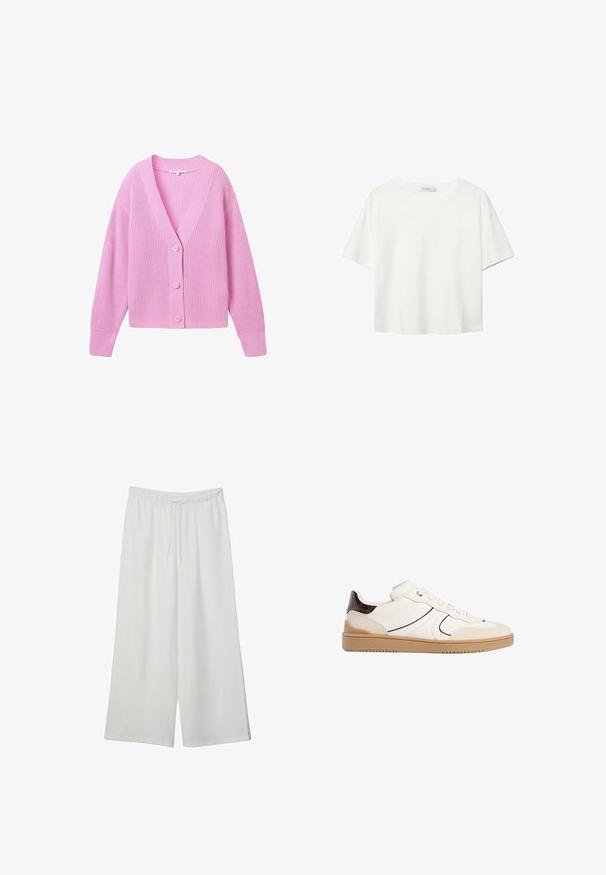TOM TAILOR DENIM - Kardigan; Biała koszulka z krótkim rękawem, wykonana z bawełny. Posiada okrągły dekolt i luźny krój. Gładka faktura bez widocznych wzorów czy akcentów.; Białe szerokie spodnie wykonane z lekkiego materiału, z elastyczną talią i sznurkiem do regulacji fasonu. Gładka tekstura.; Stradivarius - Sneakersy niskie
