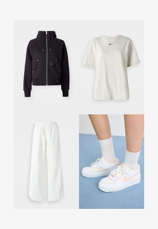 Fekete cipzáros kapucnis pulóver elülső cipzárral, két elülső zsebbel, húzózsinóros kapucnival, bordás mandzsettákkal és alsó résszel, valamint egy kis logóval a mellkason.; Fehér pamut póló kerek nyakkal és rövid ujjal. A mellkason egy kis fekete Nike logó található. Egyszerű és díszítetlen dizájn.; Fehér, bő szárú sportnadrág ribbelt derékpánttal és diszkrét logórésszel. Simá szövet, laza szabással és taperált szárral.; Fehér sportcipők barack színű díszítéssel, sima bőr felsőrész, perforált orr, texturált talp és fűzők. Fehér crew zoknikkal viselve egy kék felületen.