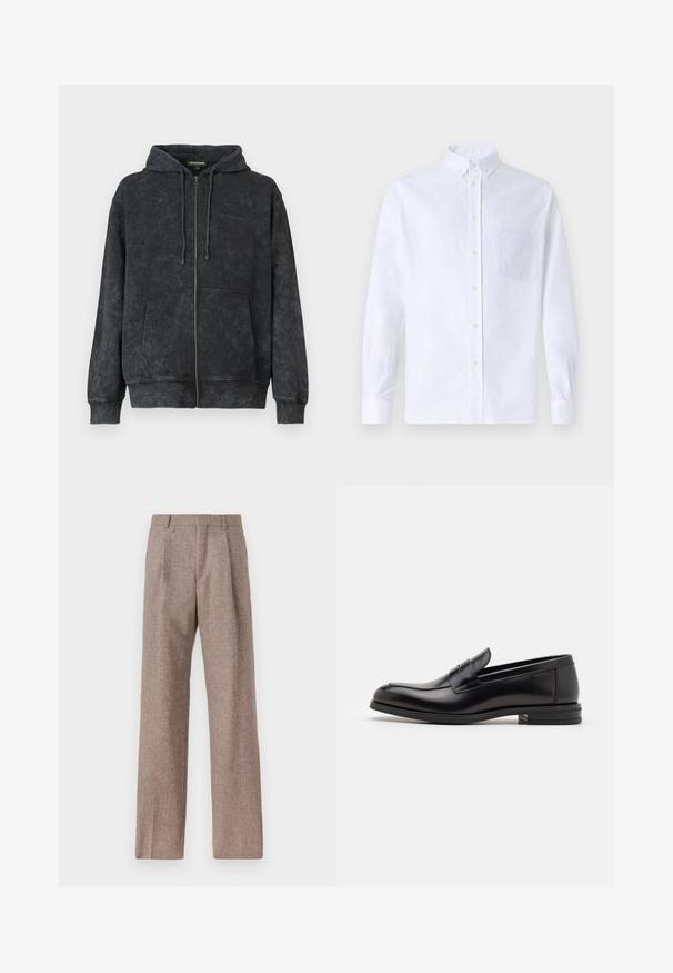 Μαύρη φούτερ ζακέτα με φερμουάρ και κορδόνια, μπροστινές τσέπες και διακριτό λογότυπο "Les Benjamins" στο αριστερό μέρος του στήθους.; Λευκό πουκάμισο με μακρύ μανίκι, φτιαγμένο από βαμβάκι, με τσέπη στο στήθος με τονικό κέντημα, γιακά και κουμπιά στους μανικέτες.; Καφέ παντελόνι με ψηλή μέση από υφαντό ύφασμα. Διαθέτει φαρδιές καβάτζες και δύο μανίκια μπροστά για δομή. Καθαρή φινίρισμα χωρίς ορατό εξοπλισμό.; Μαύρες δερμάτινες μπαλαρίνες με λεία υφή, στρογγυλή μύτη και διακοσμητική ταινία πάνω από το επάνω μέρος. Χαμηλός καπιτώνας, μινιμαλιστικός σχεδιασμός.
