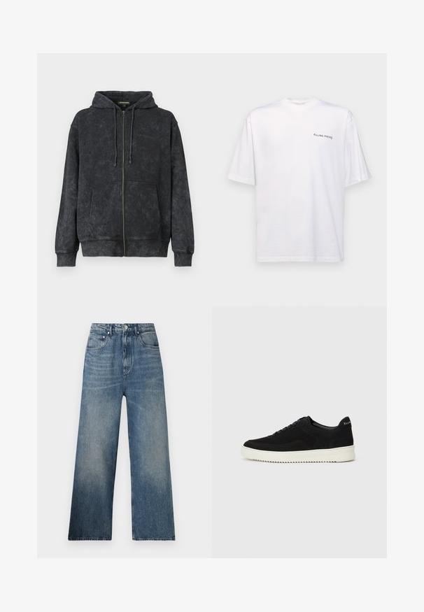 Svart tvättad zip-hoodie med dragsko, framfickor och subtil "Les Benjamins"-logotyp på vänster bröst.; Vit kortärmad t-shirt i bomull med v-ringning, med en svart "FILLING PIECES" logga tryckt på vänster sida.; Blå denimvidbyxor med hög midja, subtila blekningseffekter, fem fickor och en metallknapplåsning framtill.; Svarta mockaskor med snörningsdesign och kontrasterande vita gummisulor. Har texturerade sidopaneler och diskret branding på hälen.