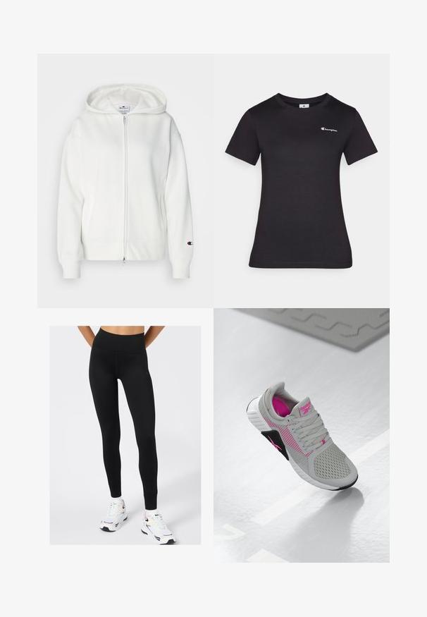 Sudadera blanca con cremallera fabricada en tejido suave, con capucha, puños de canalé y un pequeño logo en la manga izquierda. Textura suave con un ajuste relajado.; Camiseta de manga corta negra hecha de algodón, con un pequeño logo bordado en el pecho. Diseño clásico de cuello redondo con una textura suave.; Leggings negros de cintura alta hechos de tejido elástico, con una textura suave y un sutil detalle de logo, combinados con zapatillas deportivas blancas.; Zapatilla deportiva Reebok en gris y rosa con parte superior de malla y suela detallada, exhibida sobre una superficie blanca reflexiva.