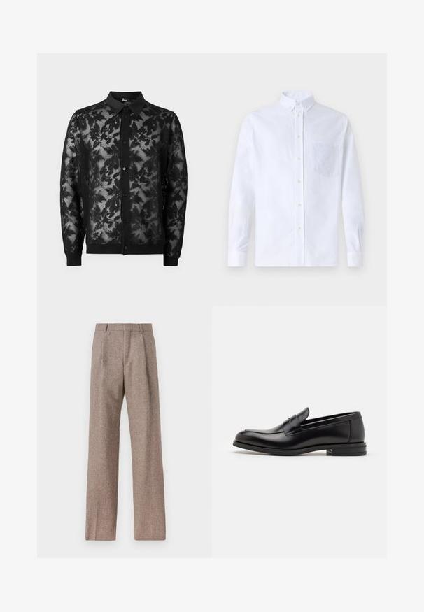 Zwarte kanten cardigan met een bloemenpatroon, knoopsluiting aan de voorkant en een effen zwarte kraag en manchetten. Lichtgewicht, doorschijnend materiaal.; Witte lange mouwen overhemd van katoen, met een borstzak met tonale borduring, een kraag en knopenmanchetten.; Bruine, hooggewaisted broeken van een gestructureerde stof. Heeft wijde benen en twee voorplooien voor extra structuur. Net afgewerkt zonder zichtbare hardware.; Zwarte leren instappers met een gladde textuur, ronde neus en een decoratieve band over de wreef. Lage, gestapelde hak en minimalistisch ontwerp.