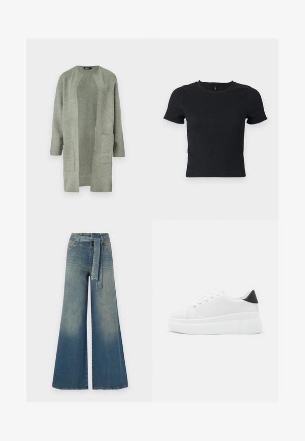 Šviesiai žalia cardigan tipo megztinis, pagamintas iš minkštos mezgamos medžiagos, turi apvalų iškirpimą, atvirą priekį ir dvi priekinės kišenes. Ilgos rankovės, laisvas siluetas.; Juoda, trumpomis rankovėmis marškinėliai su tekstūruotu audiniu ir apvalia apykakle. Prigludęs siluetas, subtilus raštas ir vidurinės dalies ilgio dizainas.; Platus džinsinis kelnes su šviesiai tamsiai mėlynu gradientu, aukštu juosmeniu, diržo kilpomis ir atitinkančiu audinio diržu. Textūruotas džinsinis paviršius.; Balti platforminiai sportbačiai, pagaminti iš lygios sintetinio audinio, su apvaliu pirštu, raištelių užsegimu ir tekstūruota guma padanga. Juodas kulno akcentas.