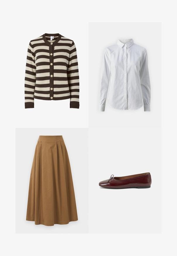Randig cardigan i krämvit och mörkbrun, ribbad textur, rundad halsringning, sex knappar i guldton längs fram, långa ärmar.; Vit skjorta med knappar, tillverkad av mjuk bomull, med klassisk krage, långa ärmar och en böjd fåll. Knapparna är små och vita.; Brun bomull A-linje kjol med hög midja, med veck ned längs framsidan och en mjuk textur. Sömmen är ren och enkel.; Burgunderfärgad lackläderballettskor med rund tå, liten rosettdekoration fram och en låg, svart gummisula. Slät textur.