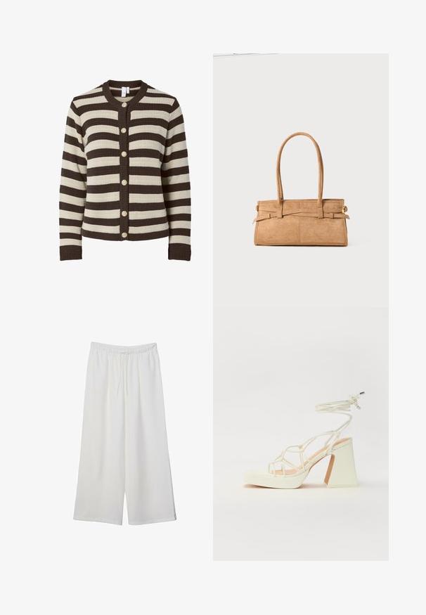 Prugasta jopica v kremni in temno rjavi barvi, rebrasta tekstura, okroglo izrezana, šest zlatih gumbov spredaj, dolgi rokavi.; Svetlo bež kratkosleeven majica s okroglim ovratnikom, izdelana iz mehke, gladke tkanine. Ima sproščen kroj in raven rob.; Bele široke hlače iz lahkega materiala, ki imajo elastičen pas in vrvico za prilagajanje. Gladka tekstura.; Bela sandala na visokih petah s debelim petam, ki ima obliko trakcev in vezanje okoli gležnja. Gladka tekstura z platformo spredaj za dodatno višino.; Torba iz bež sued kožne teksture z dvema dolgima ročajema, pravokotne oblike in okrasnim šivanjem. Ima stranski trak in subtilne zlate detajle.