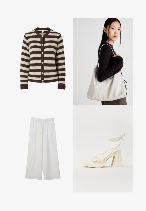 Pruhovaný kardigan v krémové a tmavě hnědé barvě, ribbovaná textura, kulatý výstřih, šest zlatých knoflíků vpředu, dlouhé rukávy.; Bílý krátký rukáv tričko vyrobené z bavlny. Má kulatý výstřih a volný střih. Hladký materiál bez viditelných vzorů nebo akcentů.; Bílé kalhoty s širokými nohavicemi vyrobené z lehké tkaniny, s elastickým pasem a stahovací šňůrkou pro nastavitelnou velikost. Hladká textura.; Bílé sandály na vysokém podpatku s robustním podpatkem, s designem s pásky a zavazováním kolem kotníku. Hladký povrch s platformou vpředu pro zvýšení výšky.; Beige kabelka vyrobená z měkkého materiálu, s volným designem, prošívanými detaily a dvěma ramenními popruhy. Vhodná pro každodenní použití.
